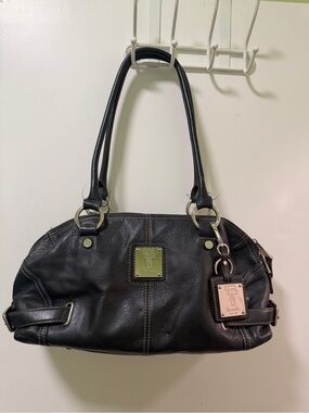 Tignanello Black Pebbled Leather Shoulder Bag with Logo Plaque